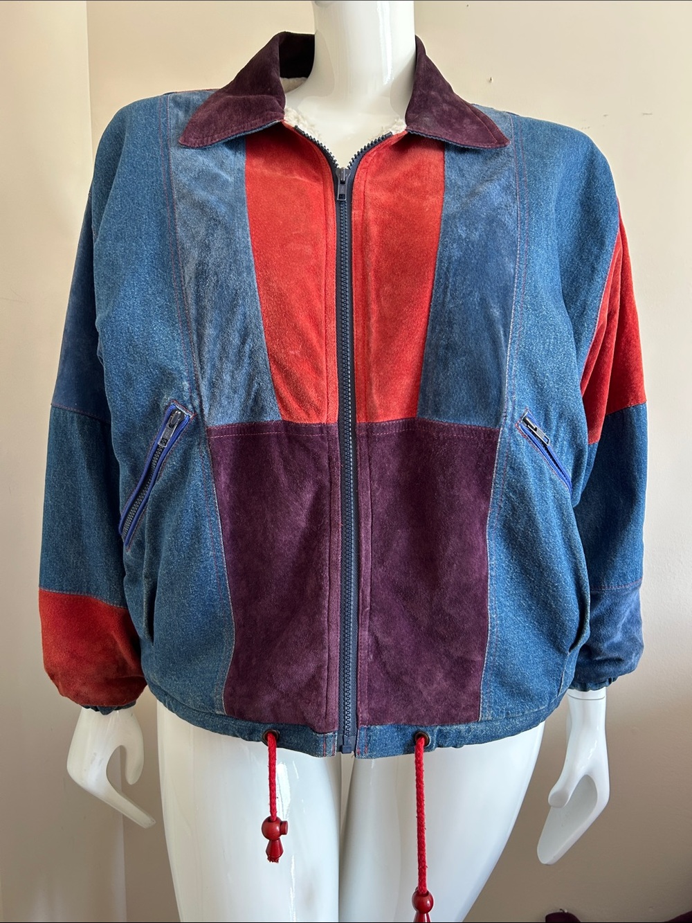 Vintage Colorblock Suede & Denim Bomber Jacket - Blue/Red/Purple